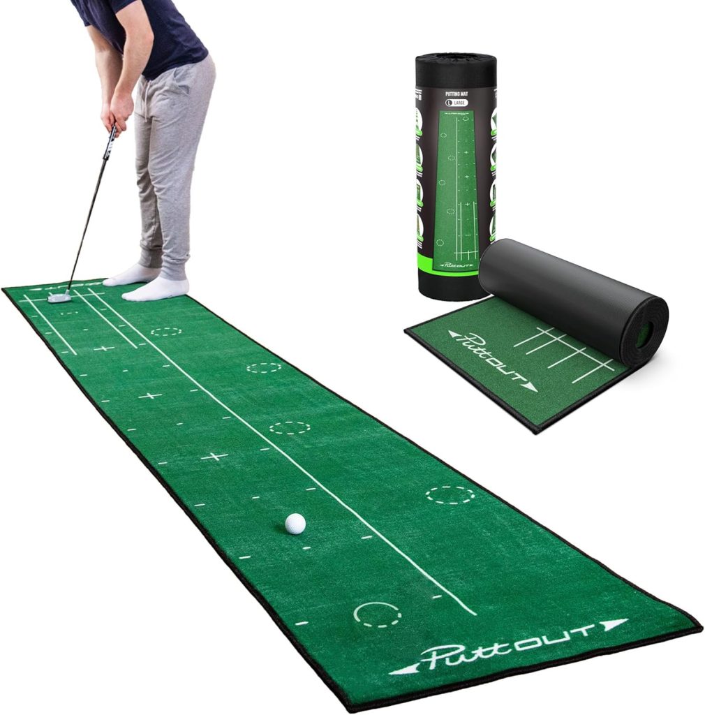 PuttOUT Large Putting Mat - Perfect Your Golf Putting (12ft x 2.2ft)(Green)